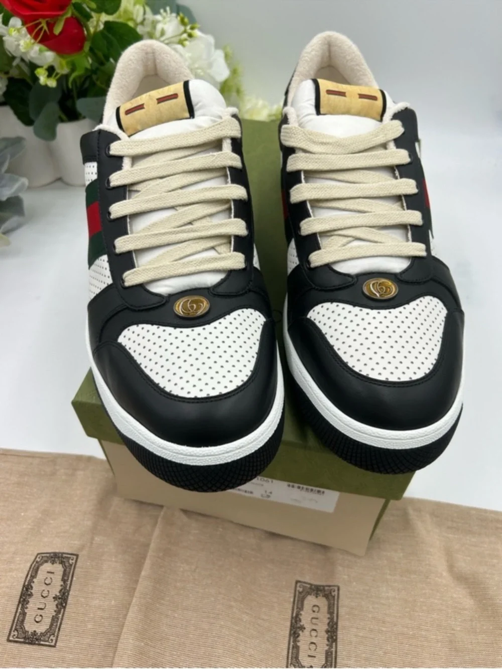 Men’s Gucci screener low top leather black/white sneakers size 14 made in Italy